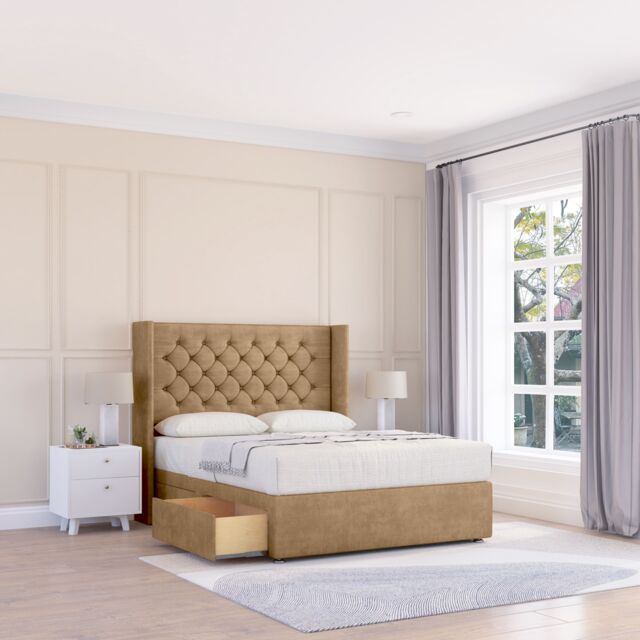 "Sloomy Dior Dumfries Wingback Bed Set, 2 Drawers & 54"" Floor Standing Headboard in Light Beige - Size: Super King" - image 1