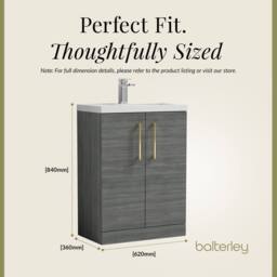 Balterley Bathroom Vanity Basin Unit, Brushed Brass Handles, 600mm, Wood Grey - thumbnail 5