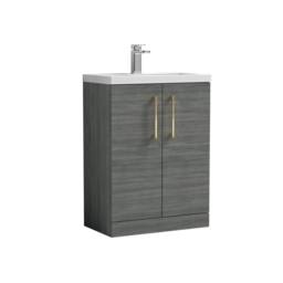 Balterley Bathroom Vanity Basin Unit, Brushed Brass Handles, 600mm, Wood Grey