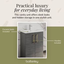 Balterley Bathroom Vanity Basin Unit, Brushed Brass Handles, 600mm, Wood Grey - thumbnail 7