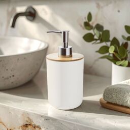 Orsina Grey Lotion Dispenser With Silver Pump, 500ml Bamboo Fibre Hand Lotion Dispenser, Sturdy Bathroom Accessory in White