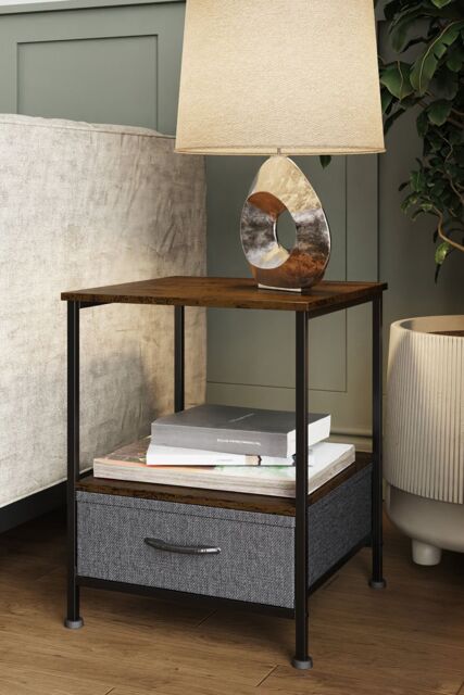 FWStyle Walnut Effect Side Table With Storage Drawer in Brown - image 1