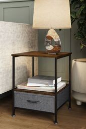 FWStyle Walnut Effect Side Table With Storage Drawer in Brown - thumbnail 1