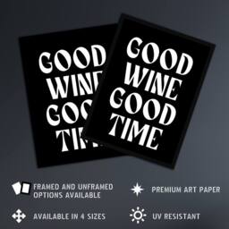 "Artery8 Good Wine Good Time Black White Fun Cheeky Wall Art Print - Size: W12"" x H16""" - thumbnail 2