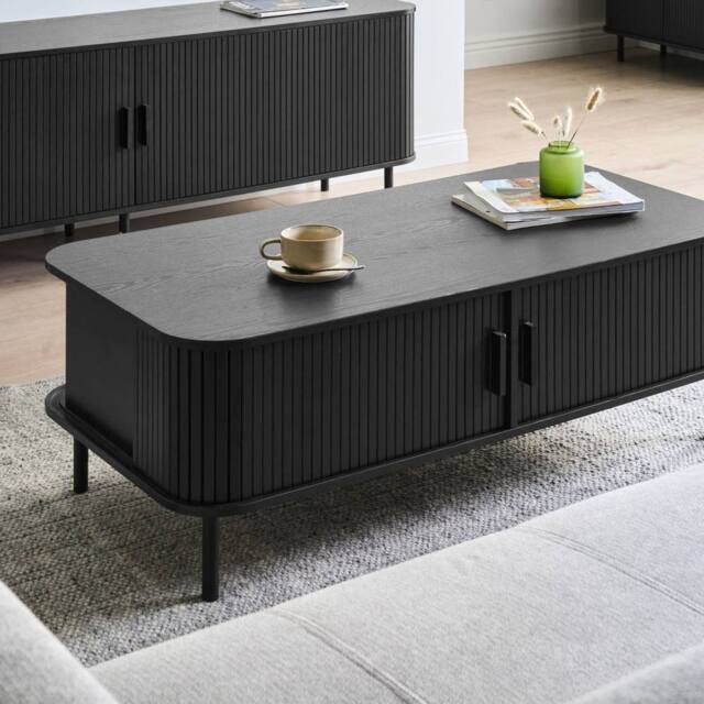 Wyld and Coco Coffee Table Black Laminated Wood Metal Legs Sliding Storage - image 1
