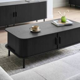 Wyld and Coco Coffee Table Black Laminated Wood Metal Legs Sliding Storage