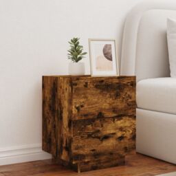 Berkfield Home Bedside Cabinet with LED Lights Smoked Oak Engineered Wood in Brown - thumbnail 4