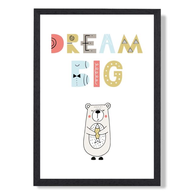 ARTZE Cute Dream Big Bear Scandi Quote Framed Print SIZE: A3 with Black Frame in Pale Blue - Size: A4 - image 1