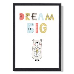 ARTZE Cute Dream Big Bear Scandi Quote Framed Print SIZE: A3 with Black Frame in Pale Blue - Size: A4 - thumbnail 1