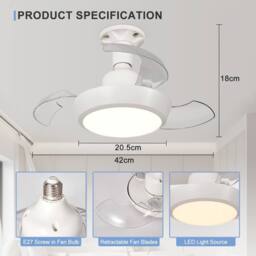 Harper Living Ceiling Fans with Lights, E27 Screw in Fan, 3 Retractable Blades White - thumbnail 5