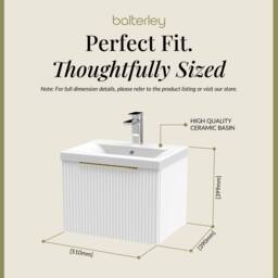 Balterley Front Wall Hung Single Drawer Vanity Basin Unit, Satin White, 500mm in White - thumbnail 5