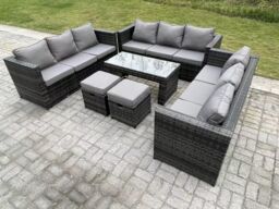 Fimous Rattan Garden Furniture Lounge Sofa Set With Oblong Rectagular Coffee Table 2 Stools in Dark Grey - thumbnail 2