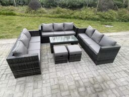 Fimous Rattan Garden Furniture Lounge Sofa Set With Oblong Rectagular Coffee Table 2 Stools in Dark Grey - thumbnail 1