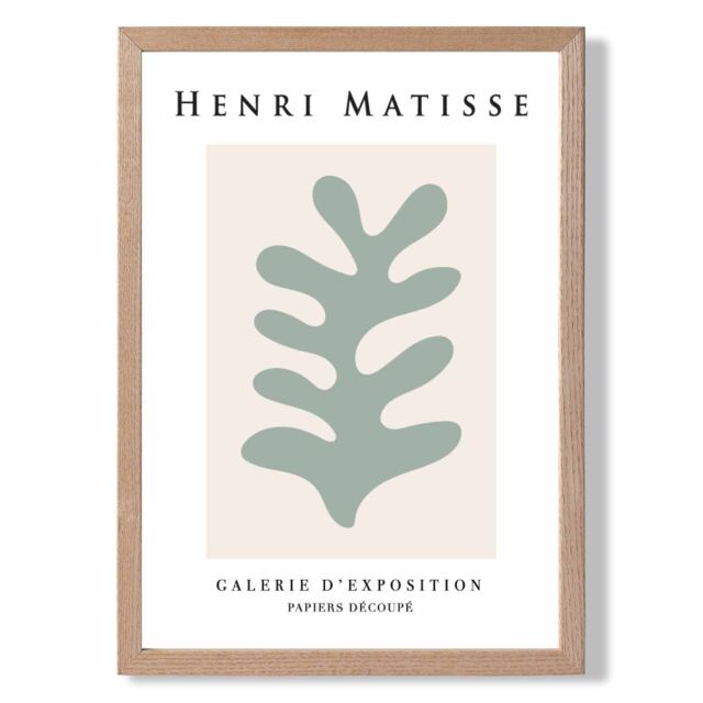 ARTZE Matisse Floral Cutout Beige & Sage Green Exhibition Framed Print SIZE: A3 with Oak Frame in Pale Green - Size: A4 - image 1