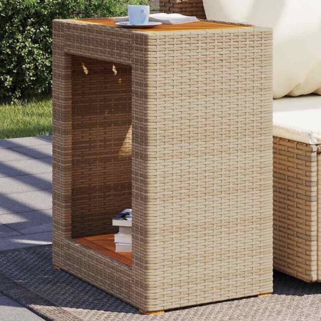 Berkfield Home Garden Side Table with Wooden Top Beige 60x40x75 cm Poly Rattan - Size: 60 x 40 x 75 cm - image 1
