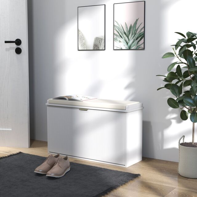 HOMCOM Shoe Storage Bench with Cushion & Flip-Drawer in White - image 1