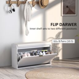 HOMCOM Shoe Storage Bench with Cushion & Flip-Drawer in White - thumbnail 5