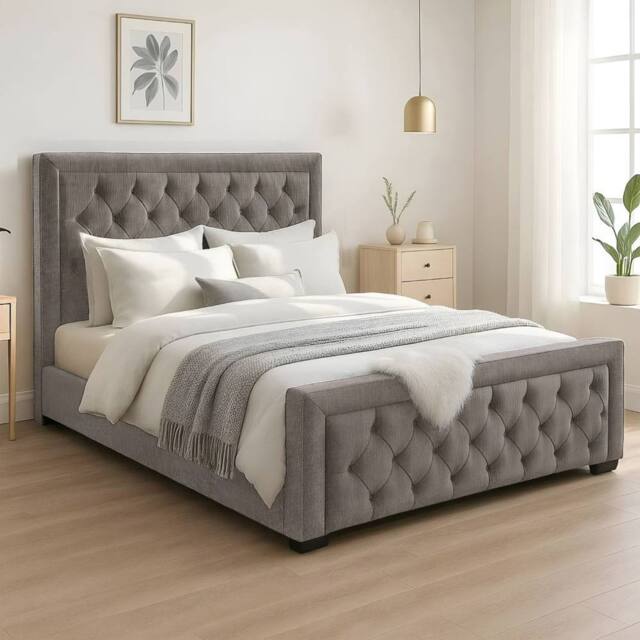 Bed Time UK Naples Bed Frame with Chesterfield Floor Standing Headboard & FB in Grey - Size: Single - image 1