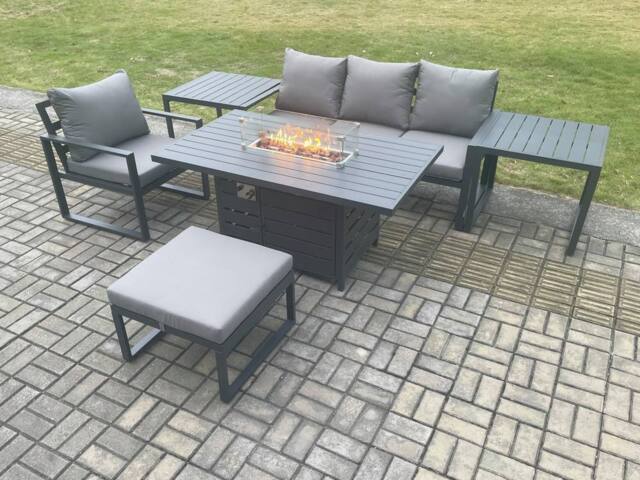 Fimous Aluminium 6 Pieces Garden Furniture Sofa Set with Cushions Gas Fire Pit Dining Table Set with 2 Side Tables Big Footstool Dark Grey - image 1