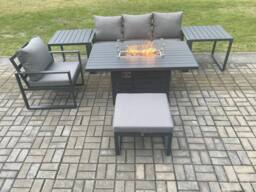 Fimous Aluminium 6 Pieces Garden Furniture Sofa Set with Cushions Gas Fire Pit Dining Table Set with 2 Side Tables Big Footstool Dark Grey - thumbnail 2