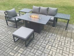 Fimous Aluminium 6 Pieces Garden Furniture Sofa Set with Cushions Gas Fire Pit Dining Table Set with 2 Side Tables Big Footstool Dark Grey - thumbnail 1