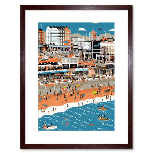"Artery8 Wall Art Print Brighton Beach & Palace Pier Modern Abstract Artwork Framed 9X7 Inch in Brown - Size: W7"" x H9""" - image 1