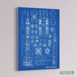 "Artery8 Soyuz Rocket USSR Soviet Space Blueprint Canvas Wall Art Print in Blue - Size: W24"" x H32""" - thumbnail 2