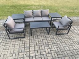 Fimous Aluminium Garden Furniture Set Patio Lounge Sofa with Oblong Coffee Table 2 Armchairs 2 Side Table Dark Grey - thumbnail 2