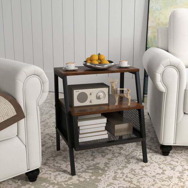 Costway Industrial Nightstand 3-Tier Bedside Table End Table w/ 2 Open Shelves in Brown - image 1