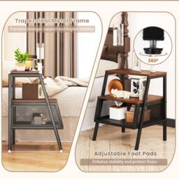 Costway Industrial Nightstand 3-Tier Bedside Table End Table w/ 2 Open Shelves in Brown - thumbnail 9