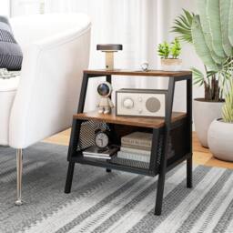 Costway Industrial Nightstand 3-Tier Bedside Table End Table w/ 2 Open Shelves in Brown - thumbnail 5