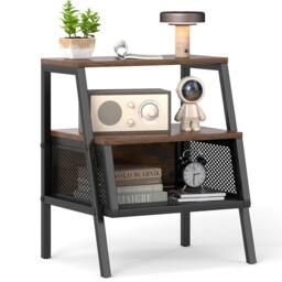 Costway Industrial Nightstand 3-Tier Bedside Table End Table w/ 2 Open Shelves in Brown - thumbnail 7