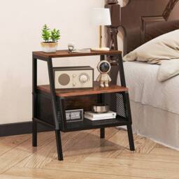 Costway Industrial Nightstand 3-Tier Bedside Table End Table w/ 2 Open Shelves in Brown - thumbnail 6
