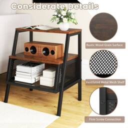 Costway Industrial Nightstand 3-Tier Bedside Table End Table w/ 2 Open Shelves in Brown - thumbnail 4