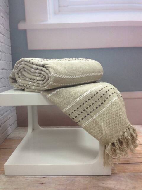 Rapport Home Stitch Stripe Woven Cotton Throw in Natural - Size: 250 cm x 250 cm