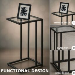 Storvo Tempered Glass C Shape Metal Side Table Black - thumbnail 4