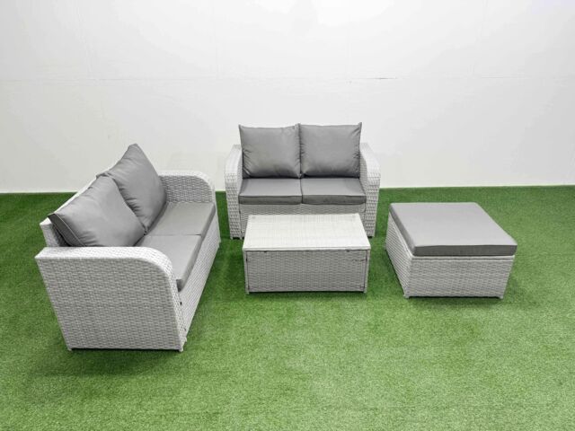 Fimous 5 Seater Outdoor Love Sofa Set Rattan Garden Furniture Set with Rectangular Coffee Table Big Footstool Light Grey - image 1
