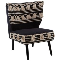 Orsina Black Moroccan Chair, Contemporary Mango Wood Frame Accent Chair, Black & White Patterned Fabric Seating