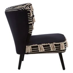 Orsina Black Moroccan Chair, Contemporary Mango Wood Frame Accent Chair, Black & White Patterned Fabric Seating - thumbnail 3