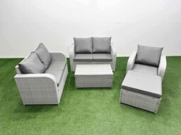 Fimous High Back Poly Rattan Garden Furniture Set w/ Reclining Chair Loveseat Sofa Rectangular Coffee Table Indoor Outdoor Patio Set Big Stool Light - thumbnail 1