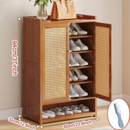 FLAVORA Wooden Shoe Rack Cabinet Double Rattan Doors Storage Cupboard Footwear in Beige - Size: 100 cm x 100 cm - thumbnail 2