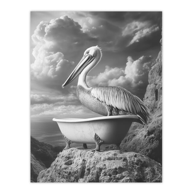 "Artery8 Pelican Bird in Bathtub Black White Cliff Surreal Wall Art Print in Grey - Size: W24"" x H32""" - image 1