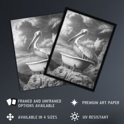 "Artery8 Pelican Bird in Bathtub Black White Cliff Surreal Wall Art Print in Grey - Size: W24"" x H32""" - thumbnail 2