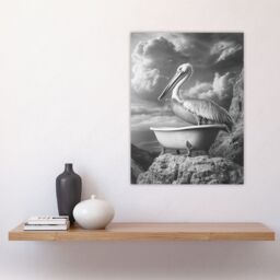 "Artery8 Pelican Bird in Bathtub Black White Cliff Surreal Wall Art Print in Grey - Size: W24"" x H32""" - thumbnail 4