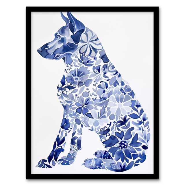 "Artery8 Floral Pattern German Shepherd Dog Lover Design Framed Wall Art in Blue - Size: W12"" x H16""" - image 1