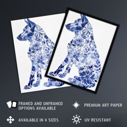 "Artery8 Floral Pattern German Shepherd Dog Lover Design Framed Wall Art in Blue - Size: W12"" x H16""" - thumbnail 2