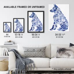 "Artery8 Floral Pattern German Shepherd Dog Lover Design Framed Wall Art in Blue - Size: W12"" x H16""" - thumbnail 3