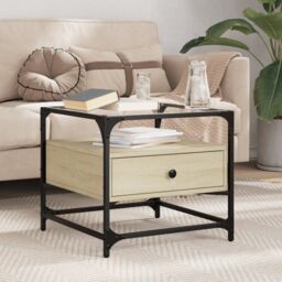 Berkfield Home Coffee Table with Glass Top Sonoma Oak 50x50x45 cm Steel in Brown - Size: 50 x 50 x 45 cm - thumbnail 1