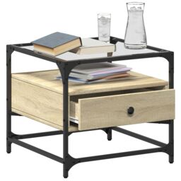 Berkfield Home Coffee Table with Glass Top Sonoma Oak 50x50x45 cm Steel in Brown - Size: 50 x 50 x 45 cm - thumbnail 3