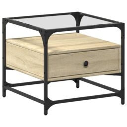 Berkfield Home Coffee Table with Glass Top Sonoma Oak 50x50x45 cm Steel in Brown - Size: 50 x 50 x 45 cm - thumbnail 2